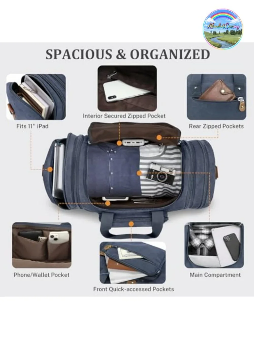 Canvas Expandable 50L Duffle Bag, Carry-On Travel Weekender, Multi-Pocket,